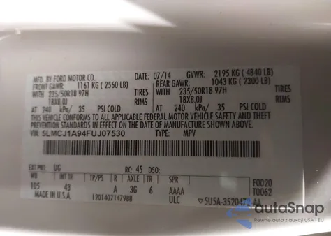 2015 Lincoln Mkc из США, поврежденный, VIN 5LMCJ1A94FUJ07530